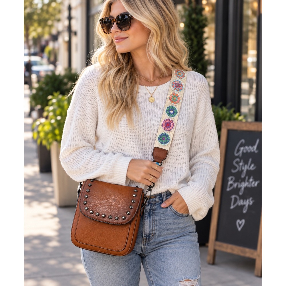 Studded Faux Leather Crossbody Bag with Floral Crochet Guitar Strap Brown Boho
